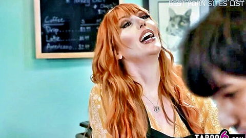 Lauren Phillips redhead MILF smiling in coffee shop with stepson, big boobs tease