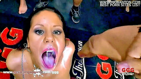 Juliette B open mouth in hotel gangbang bukkake BTS, ready for cumshots