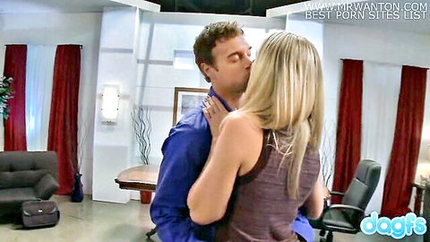 Madison Fox passionately kissing her boss in the office
