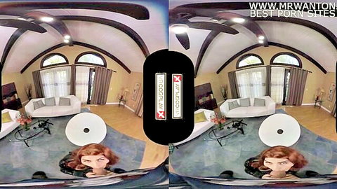 VR POV busty redhead comic cosplay babe with huge tits staring up intensely