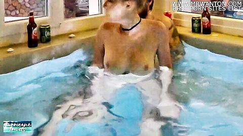 Maria Hurricane nude in jacuzzi, fucked outdoors as people pass by