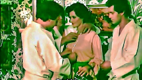 Vintage threesome embrace: brunette woman in blouse and skirt with two men in robes