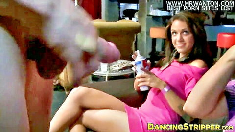 Smiling babe in pink dress grins as thick cock nears her mouth for deepthroat blowjob