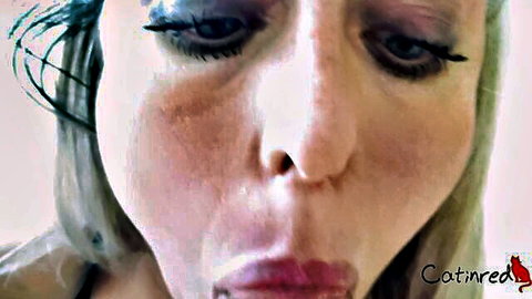 Blonde babe with blue eyes and heavy makeup opens mouth wide teasing for blowjob cumshot