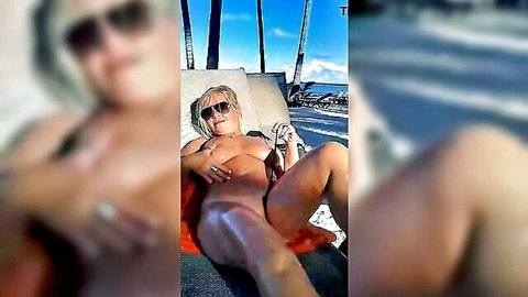 Blonde milf lies nude on public beach chair spreading legs exposing shaved pussy and big tits