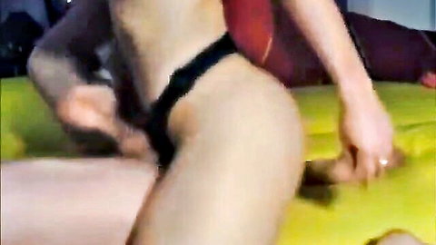 Hot babe in black thong bends over as husband prepares for pegging