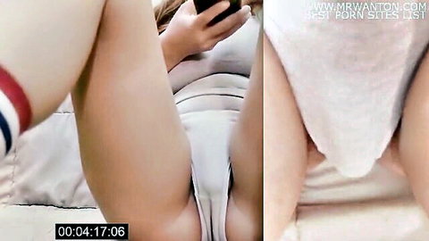 Blonde slim girl in tight white top and panties spreads legs for vibrator challenge