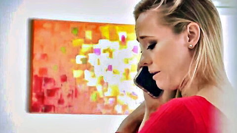 Addie Andrews blonde MILF on phone in red top, mature solo scene