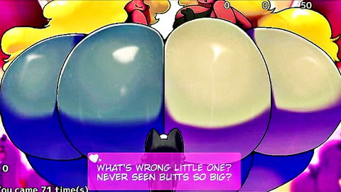 Gigantic colorful cartoon asses surrounding and teasing tiny black cat in big booty hentai