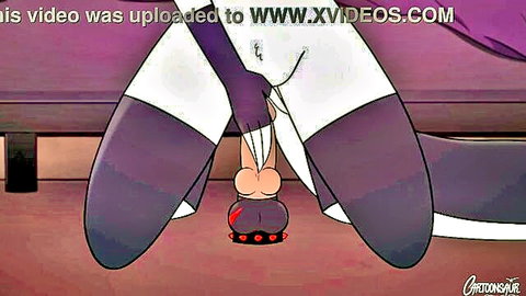 Loona's purple furry thighs spread, cock exposed from white shorts in animated scene