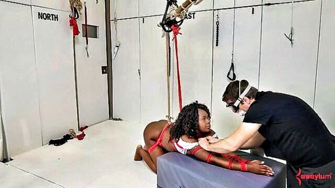 Noemie Bilas bound in ropes, ebony babe exposed for BDSM fuck