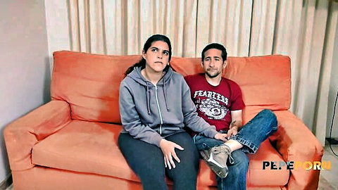 Latina couple in casual clothes on couch for cuckold wife fantasy