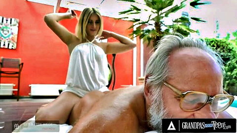 Aria Logan blonde teen in white dress gives oily massage to old man