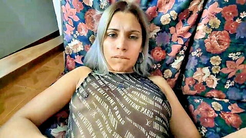Petite Argentine in sheer LV top, lying seductively with huge ass tease