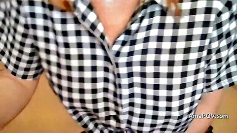 Redhead babe in checkered shirt showing deep cleavage POV tease