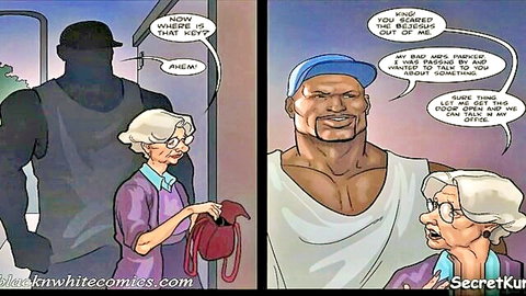 Comic panels of old white lady surprised by muscular black man in art class seduction