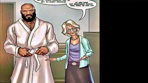 Muscular Black art model in robe chats with mature silver-haired teacher