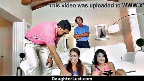Stepdad reaches for gamer teen's big tits on couch as another DILF watches with stepdaughter in taboo foursome tease