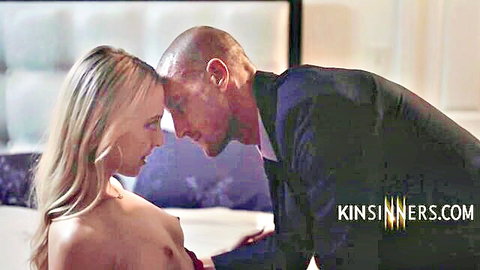 Blonde topless stepdaughter nuzzles suited man intimately