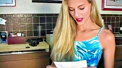 Hot blonde MILF Mindy YummyMama reading paper in sexy tank top