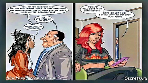 Comic panels: Black braided woman chats with older man; redhead in tank top flirts with guy at office door