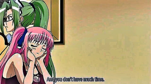 Anime vampire girls with pink and green hair in intimate teasing scene