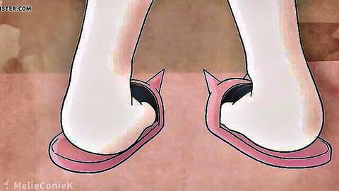 Anime Claire's bare feet in pink cat-ear slippers, viewed from behind in Fucked Claire x Edgar short