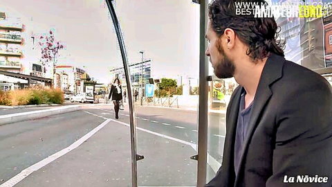 Busty Euro babe walks by bus stop in teasing amateur pickup scene