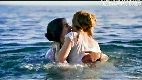 Kate Winslet and Saoirse Ronan lesbian kiss in wet ocean embrace