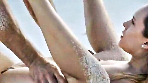Nude blonde woman legs spread on sandy beach in hardcore outdoor sex