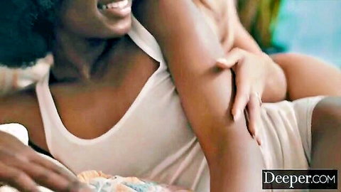 Ana and Elsa intimate embrace, ebony and white women in tank tops and panties
