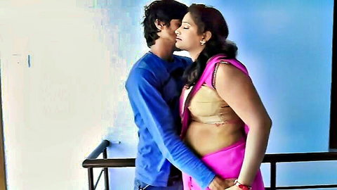Indian bhabi in pink sari passionately kissed by neighbor on neck
