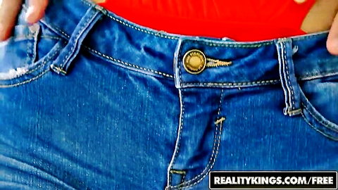 Layla London in tight jeans and red thong, Big Naturals tease