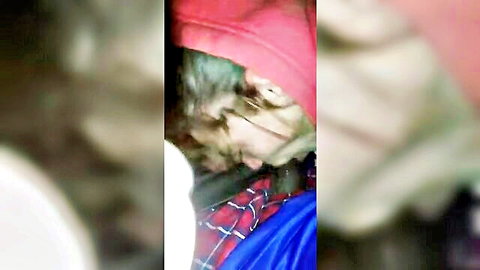 White cutie in red hoodie chokes on cock, close-up face