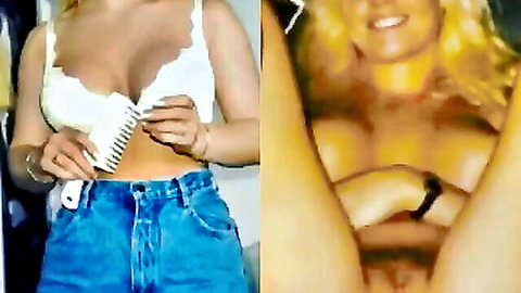 Vintage blonde in lacy top and jeans teasing, closeup unshaved pussy