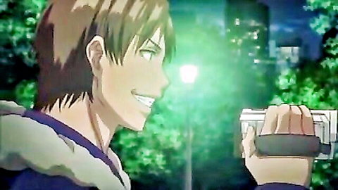 Smiling Persona anime guy in hoodie holding device at night, hentai tease