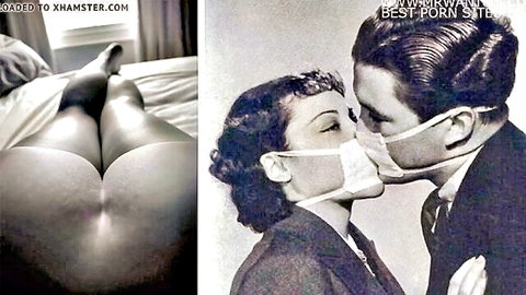 Nude woman spreading big ass on bed, vintage masked couple kissing passionately