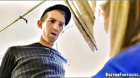 Blonde nurse in blue uniform visits man at home for steamy doctor fantasy encounter