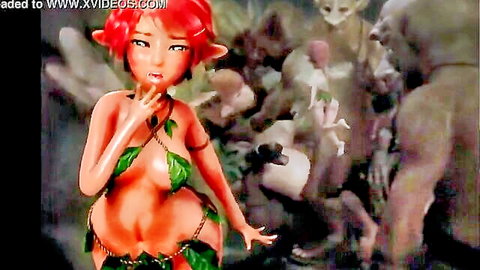 Seductive red-haired elf nymph in skimpy leaf outfit in fantasy forest
