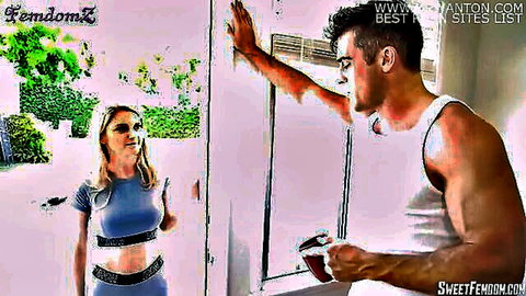 Lance Hart with blonde athletic woman in grey sports bra outdoors, teasing pegging scene