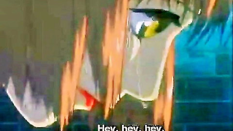 Hentai teen with orange hair in surprised ahegao face during double penetration