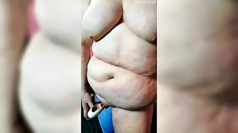 Free Hope in horny morning solo, exposing huge tits and belly while holding toy