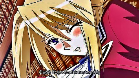 Blushing blonde hentai girl with big eyes denies blame submissively in library