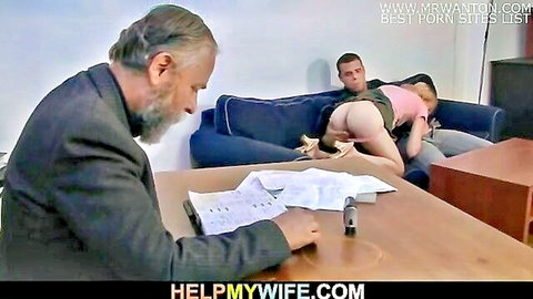 Blonde wife pussy fucked doggy style by stranger on couch while cuckold husband watches from desk