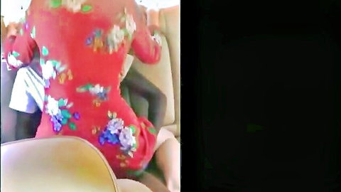 Amateur wife in red floral dress teasing in car