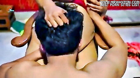 Desi hot girl in red dress forces friend into intense cowgirl sex ride