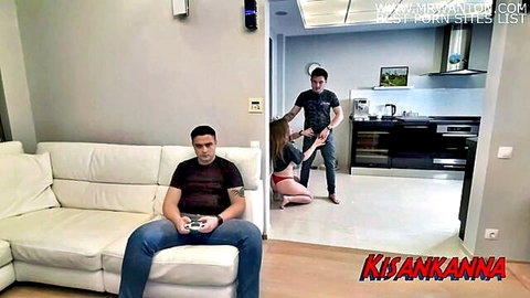 Kisankanna cheating in cuckold scene, kneeling for blowjob while husband watches