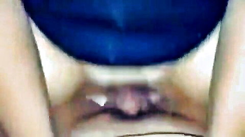 Close-up of wet shaved pussy with blue panties pulled aside