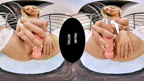 Kayley Gunner in white lingerie teasing with pink dildo, VR POV closeup