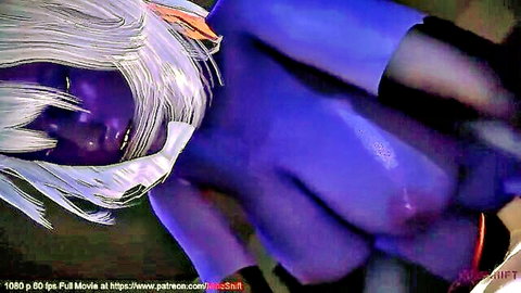 Queen Nualia DarkElf in seductive side pose, purple skin, white hair, blue stockings